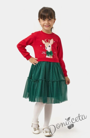 Детска коледна ватирана рокля в червено с картинка на еленче с блестящ тюл в зелено