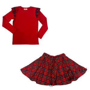 Комплект за момиче от 2 части-пола Роси в каре и блуза с дълъг ръкав в червено с къдрички в каре 1