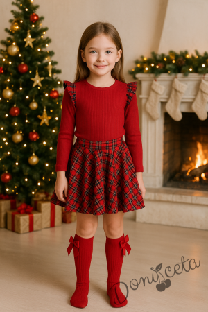 Комплект от 2 части за момиче-пола клош от трико Роси в каре и блуза с дълъг ръкав в червено с къдрички в каре