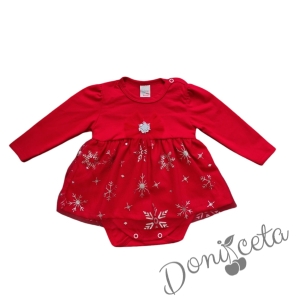 Бебешко коледно боди-рокля дълъг ръкав в червено със снежинки в сребристо