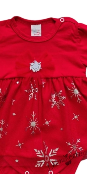 Бебешко коледно боди-рокля дълъг ръкав в червено със снежинки в сребристо