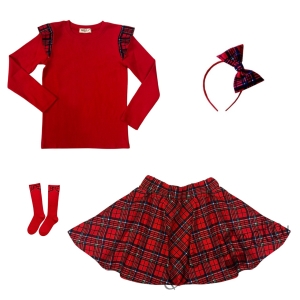 Комплект от 4 части за момиче - пола клош от трико Роси в каре, блуза с дълъг ръкав в червено с каре къдрички, чорапи с панделка каре и диадема