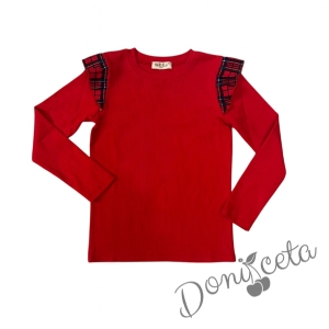 Комплект от 4 части за момиче - пола клош от трико Роси в каре, блуза с дълъг ръкав в червено с каре къдрички, чорапи с панделка каре и диадема