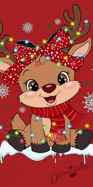 Коледна блуза в червено с дълъг ръкав и сладка картинка на еленче с панделка2