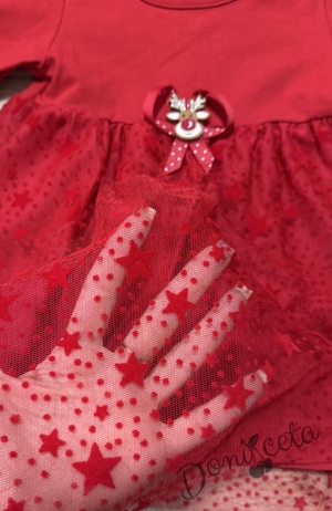 Бебешка/детска коледна рокля в червено с дълъг ръкав с еленче и тюл на звездички