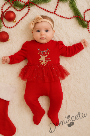 Коледен бебешки гащеризон с еленче и звездички в червено с диадема