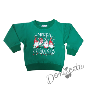 Детска коледна блуза за момиче в зелено със сладка картинка на джуджета и надпис