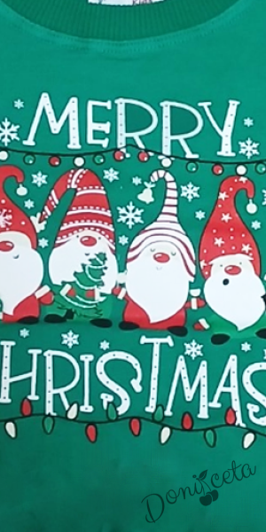 Детска коледна блуза за момиче в зелено със сладка картинка на джуджета и надпис