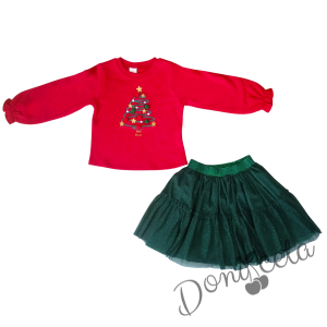 Детски коледен комплект от ватирана блуза в червено с елхичка и пола с блестящ тюл в зелено