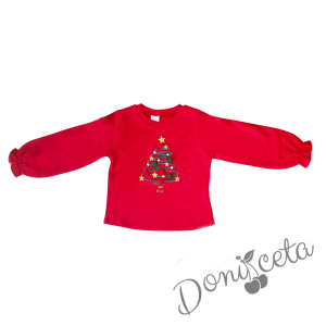 Детски коледен комплект от ватирана блуза в червено с елхичка и пола с блестящ тюл в зелено