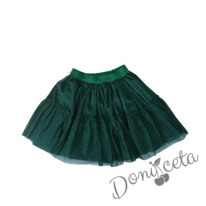 Детски коледен комплект от ватирана блуза в червено с елхичка и пола с блестящ тюл в зелено