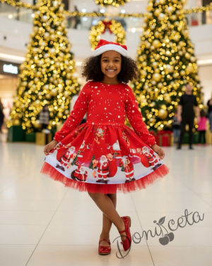 Коледна детска рокля с дълъг ръкав в червено с коледна шапка