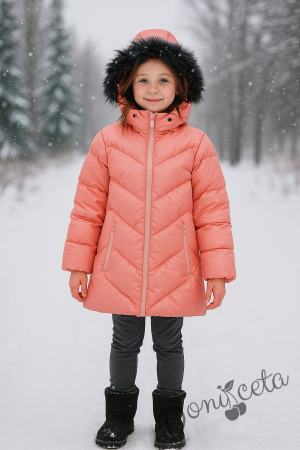Детско зимно яке за момиче с качулка в цвят корал