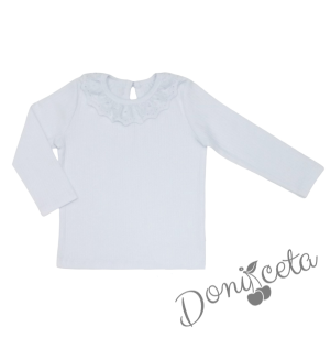 Детска блуза с дълъг ръкав в бяло с дантела 1