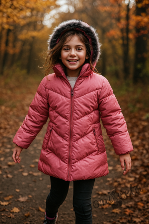 Детско зимно яке за момиче с качулка в пепел от рози