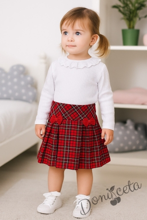 Комплект за момиче от 2 части-пола Вили в каре с панделки и блуза с дълъг ръкав в бяло с дантела