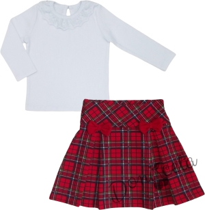 Комплект за момиче от 2 части-пола Вили в каре с панделки и блуза с дълъг ръкав в бяло с дантела