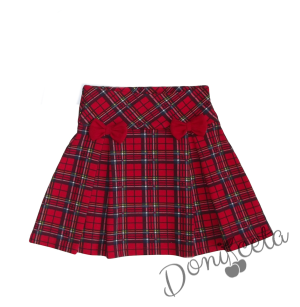 Комплект за момиче от 2 части-пола Вили в каре с панделки и блуза с дълъг ръкав в бяло с дантела