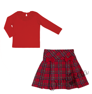 Комплект за момиче от 2 части-пола Вили в каре с панделки и блуза с дълъг ръкав в червено с дантела