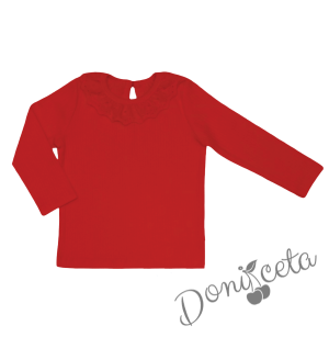 Комплект за момиче от 2 части-пола Вили в каре с панделки и блуза с дълъг ръкав в червено с дантела