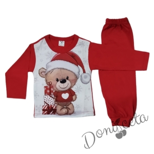 Детска коледна пижама за момче/момиче в червено с мече