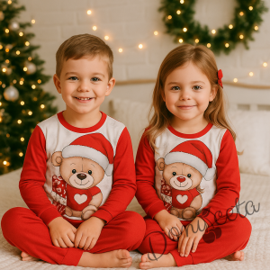 Детска коледна пижама за момче/момиче в червено с мече