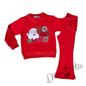 Коледен комплект за момиче от блуза в червено с коледна картинка и панталон тип чарлстон в червено 1