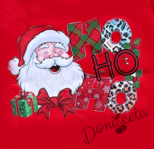 Коледен комплект за момиче от блуза в червено с коледна картинка и панталон тип чарлстон в червено 2