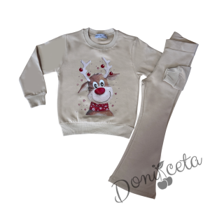 Коледен комплект за момиче от блуза в бежово с коледна картинка и панталон тип чарлстон в бежово 1