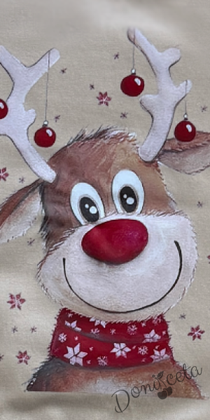 Коледен комплект за момиче от блуза в бежово с коледна картинка и панталон тип чарлстон в бежово 2