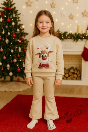 Коледен комплект за момиче от ватирана блуза в бежово с коледна картинка и панталон тип чарлстон в бежово