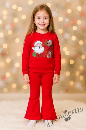 Коледен комплект за момиче от блуза в червено с коледна картинка и панталон тип чарлстон в червено 3