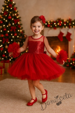 Официална детска рокля Блян с богат тюл в червено с блясък и панделка за коса