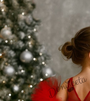 Официална детска рокля Блян с богат тюл в червено с блясък и панделка за коса