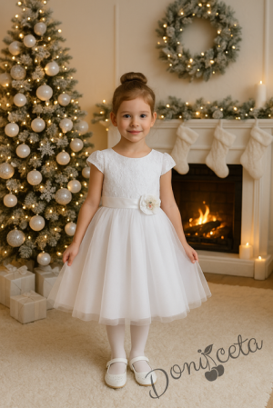 Официална детска рокля в бяло Златина от дантела и тюл 278БТ от колекция Снежина