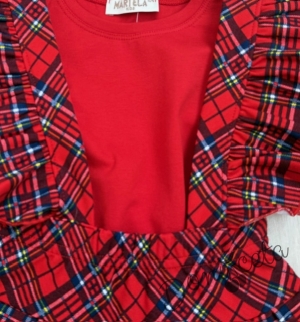 Комплект за момиче от блуза в  червено с къдрички с картинка и сукман в каре