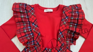 Комплект за момиче от блуза в  червено с къдрички с картинка и сукман в каре