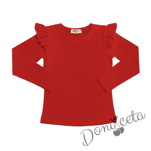 Комплект за момиче от блуза в  червено с къдрички с картинка и сукман в каре