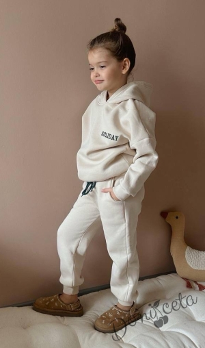 Детски спортен  ватиран комплект за момиче от блуза и панталон в екрю