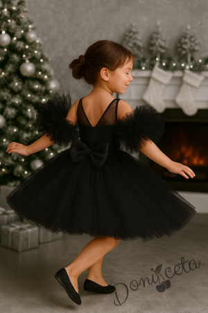Детска официална рокля Блян с тюл, с пайети, помпони в черно и панделка за коса 1