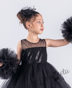 Детска официална рокля Блян с тюл, с пайети, помпони в черно и панделка за коса4