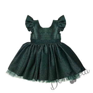 Официална детска рокля с къс ръкав с брокат в зелен цвят с тюл с панделка и фиба с панделка2