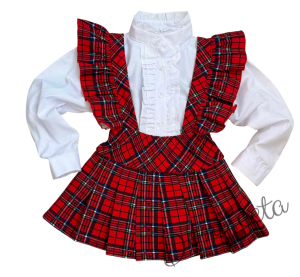 Комплект за момиче от сукман Гери в каре с плисирана пола и риза в бяло с дълъг ръкав и къдрички