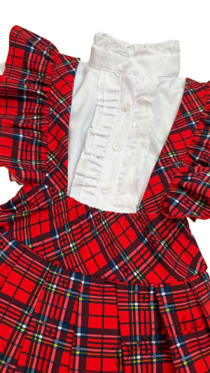 Комплект за момиче от сукман Гери в каре с плисирана пола и риза в бяло с дълъг ръкав и къдрички