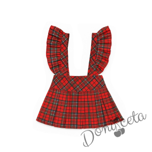 Комплект за момиче от сукман Гери в каре с плисирана пола и риза в бяло с дълъг ръкав и къдрички