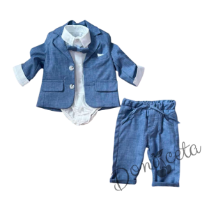 Бебешки комплект от 4 части за момче-боди-риза в бяло, сако в синьо и панталон в син цвят с папийонка