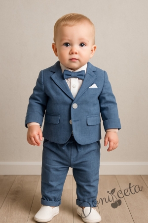 Бебешки комплект от 4 части за момче-боди-риза в бяло, сако в синьо и панталон в син цвят с папийонка