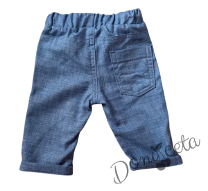 Бебешки комплект от 4 части за момче-боди-риза в бяло, сако в синьо и панталон в син цвят с папийонка