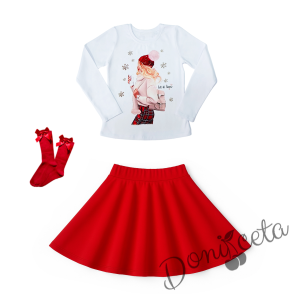 Комплект за момиче от 3 части-пола клош от трико Роси в червено, блуза с дълъг ръкав в бяло с коледна картинка и чорапи с панделка 1