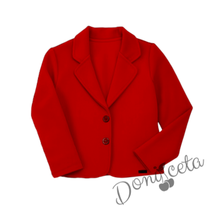 Комплект за момиче от 5 части-сако в червено, пола клош от трико Роси в червено, блуза с дълъг ръкав в бяло с коледна картинка, чорапи с панделка и диадема